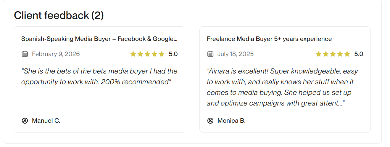Reseñas verificadas 5 estrellas de Manuel C. y Monica B. sobre el trabajo de Ainara como media buyer